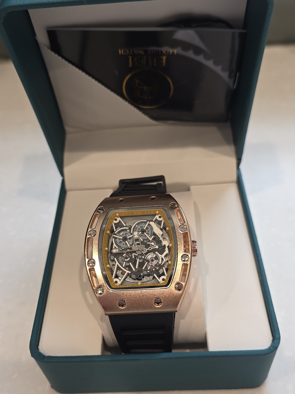BiBi Rose Gold Skeleton Watch with Black Strap and Yellow Accent - Picture 6 of 6